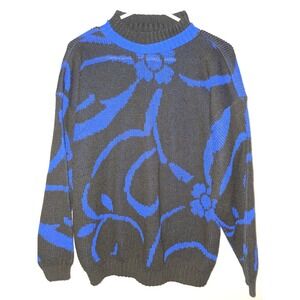 Vintage Nan Dorsey Blue Floral Intarsia Knit Sweater Black Made in USA 80s